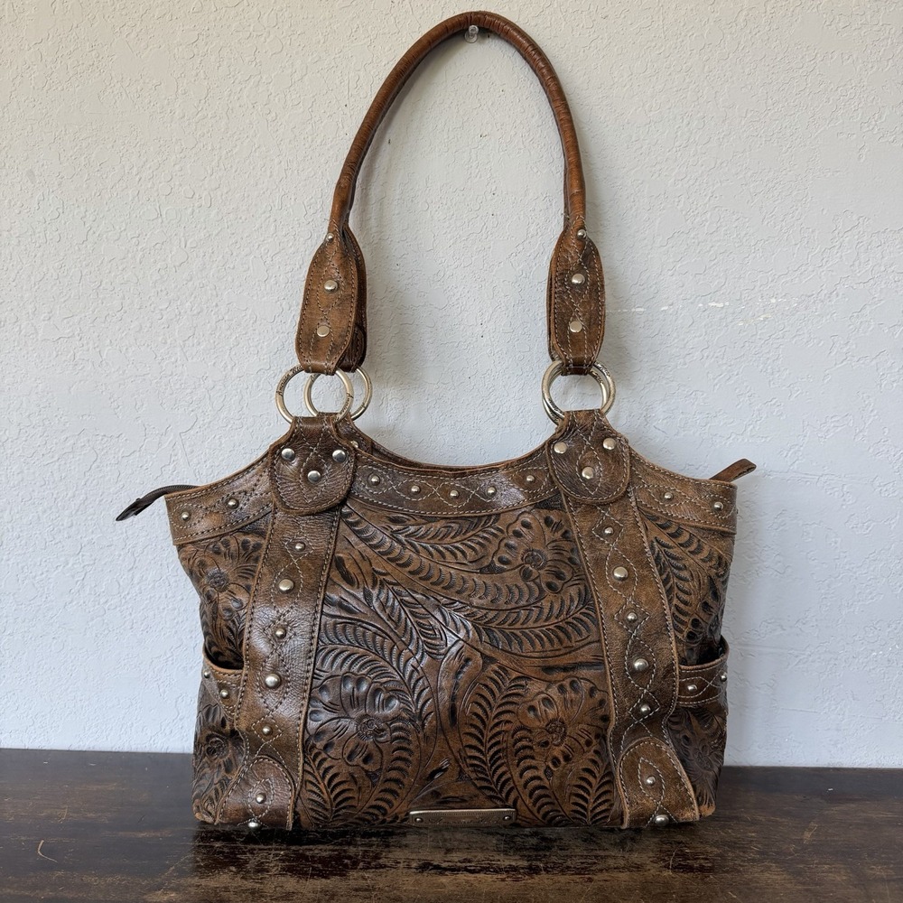 VTG American West Tooled Brown Leather Shoulder Bag Tote Handbag Western Boho